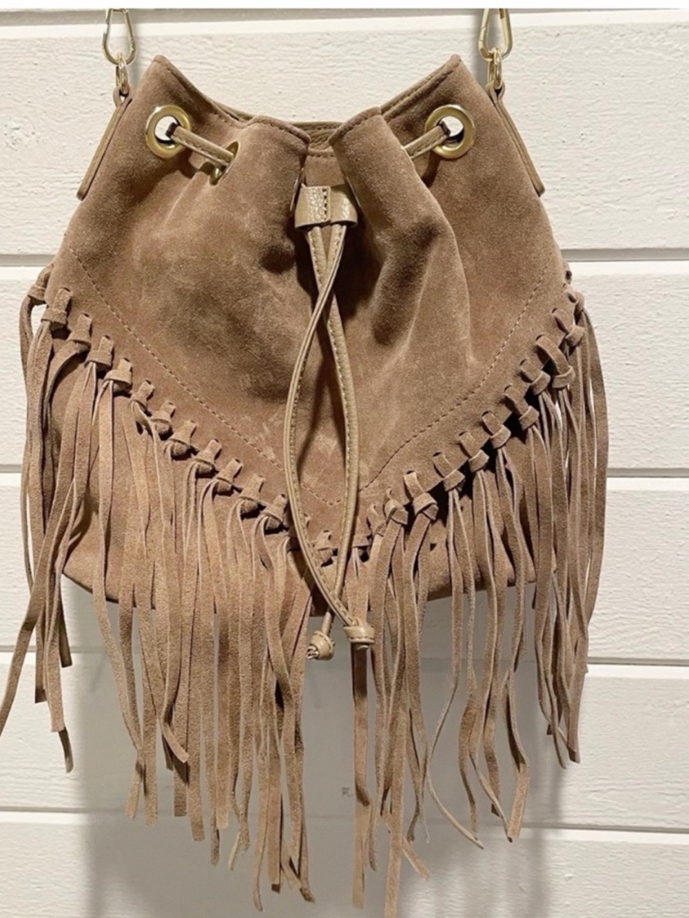 Isadora Boho Italian Leather Brown Suede Boho
Adjustable Drawstring Bucket Bag